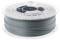 Une grande bobine de filament gris pour imprimante 3D enroulée sur une bobine en plastique transparent.