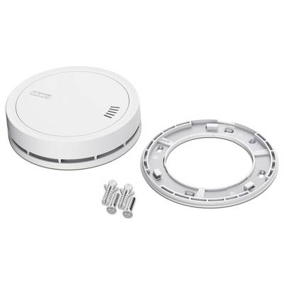 Détecteur de fumée avec une base ronde et des fentes de ventilation sur le dessus, accompagné d'un support de montage et de trois vis pour l'installation.