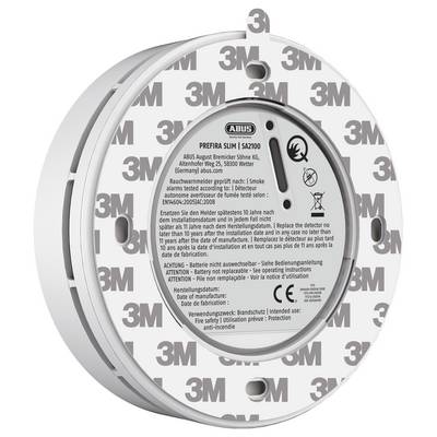 Base de détecteur de fumée circulaire avec instructions de sécurité en allemand et étiquettes d'avertissement. Conçue pour le montage au plafond avec adhésif 3M.