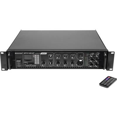 Amplificateur audio 'MPVZ-180-6P' avec panneau frontal noir présentant diverses molettes de contrôle, des ports d'entrée, un affichage numérique et une télécommande.