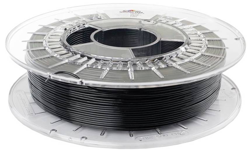 Bobine de filament d'imprimante 3D noir sur une bobine en plastique transparent.