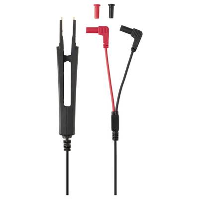 Deux sondes de test électriques isolées avec des embouts de protection, présentées en rouge et noir, accompagnées d'un adaptateur de sonde bifurquée noir.
