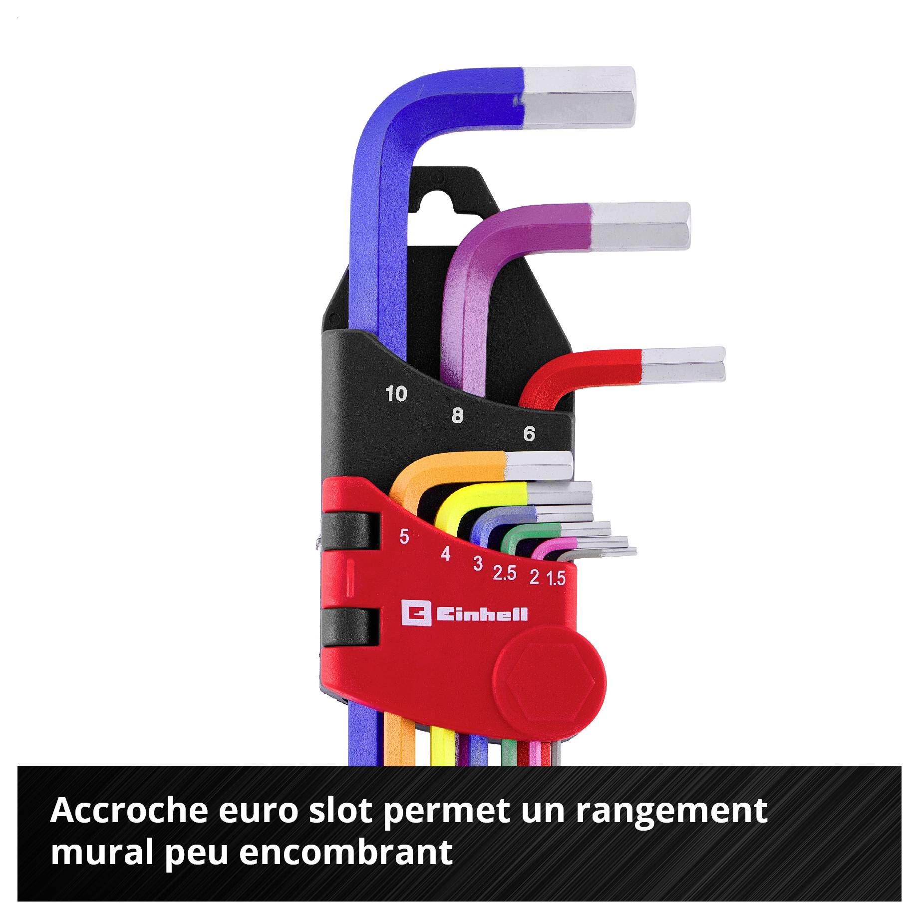Porte-clés à six pans creux pliable avec clés hexagonales codées par couleur, numérotées 6, 8 et 10, pour un rangement sécurisé et bien organisé.
