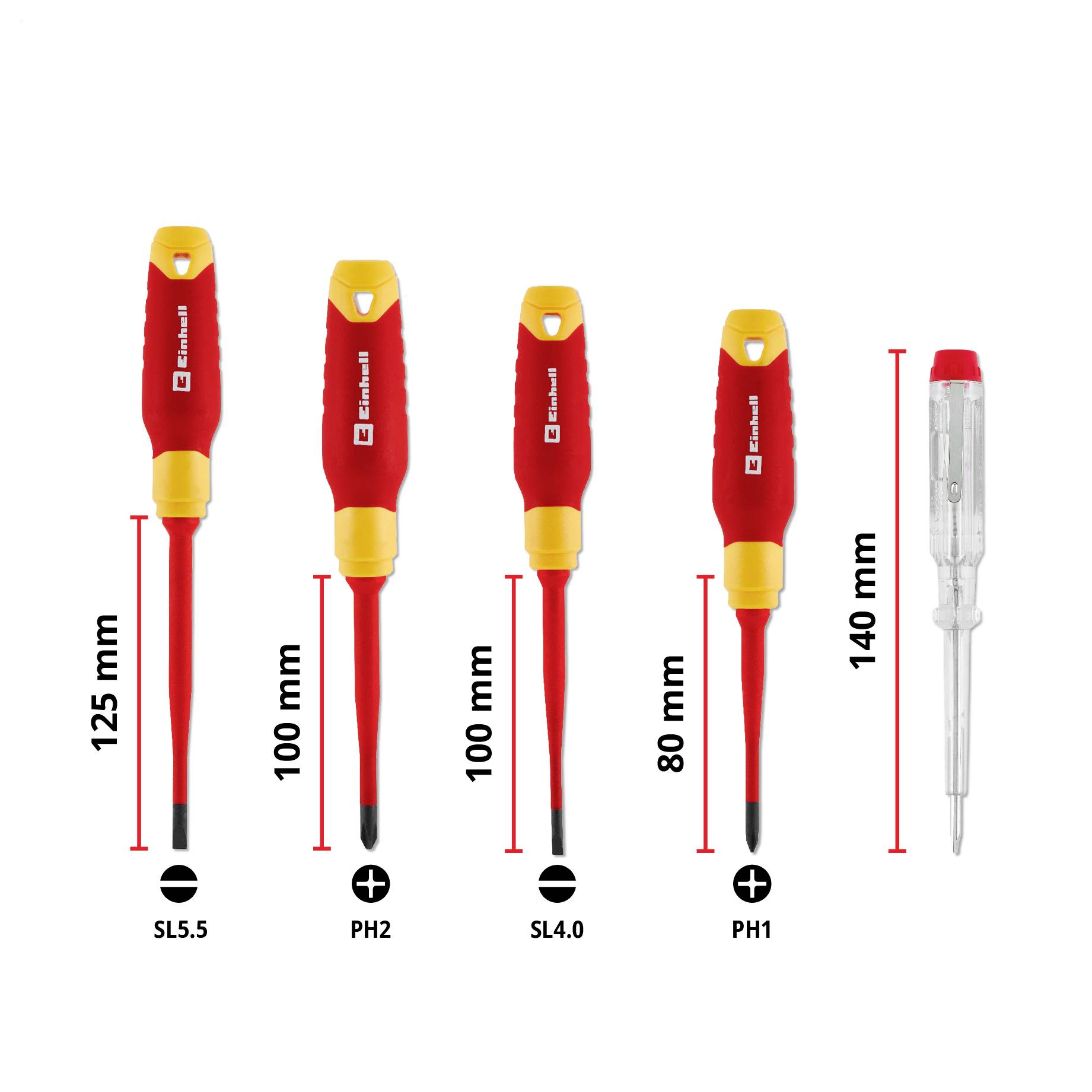 Tableau comparatif de tournevis isolés montrant les tailles et les types de pointes : SL5,5 125 mm, PH2 100 mm, SL4,0 100 mm, PH1 80 mm, plus un testeur transparent de 140 mm sur la droite.