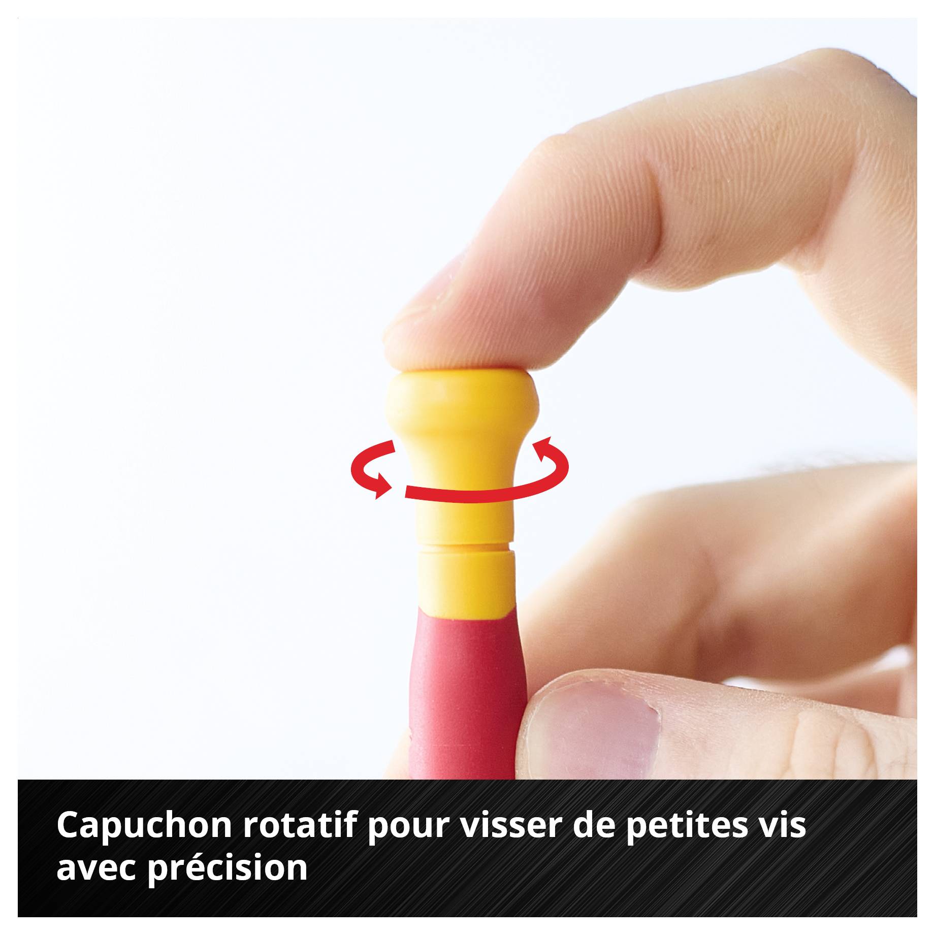 Infographie avec six tournevis rouge-jaune et avantages mis en évidence : capuchon rotatif, poignées ergonomiques, lames S2 robustes, conception compacte.