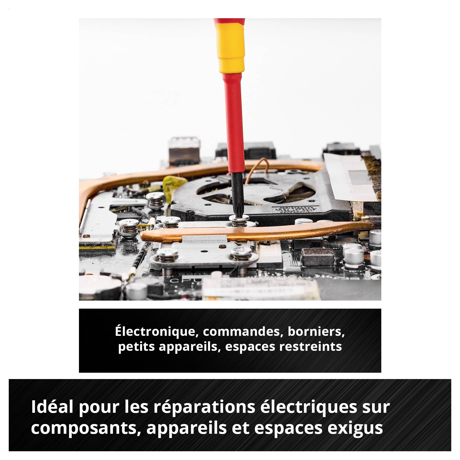 Vue détaillée d'un petit composant électronique compact avec bobine et câbles; en bas est écrit: 'Forme compacte pour un vissage contrôlé dans l'espace le plus réduit'