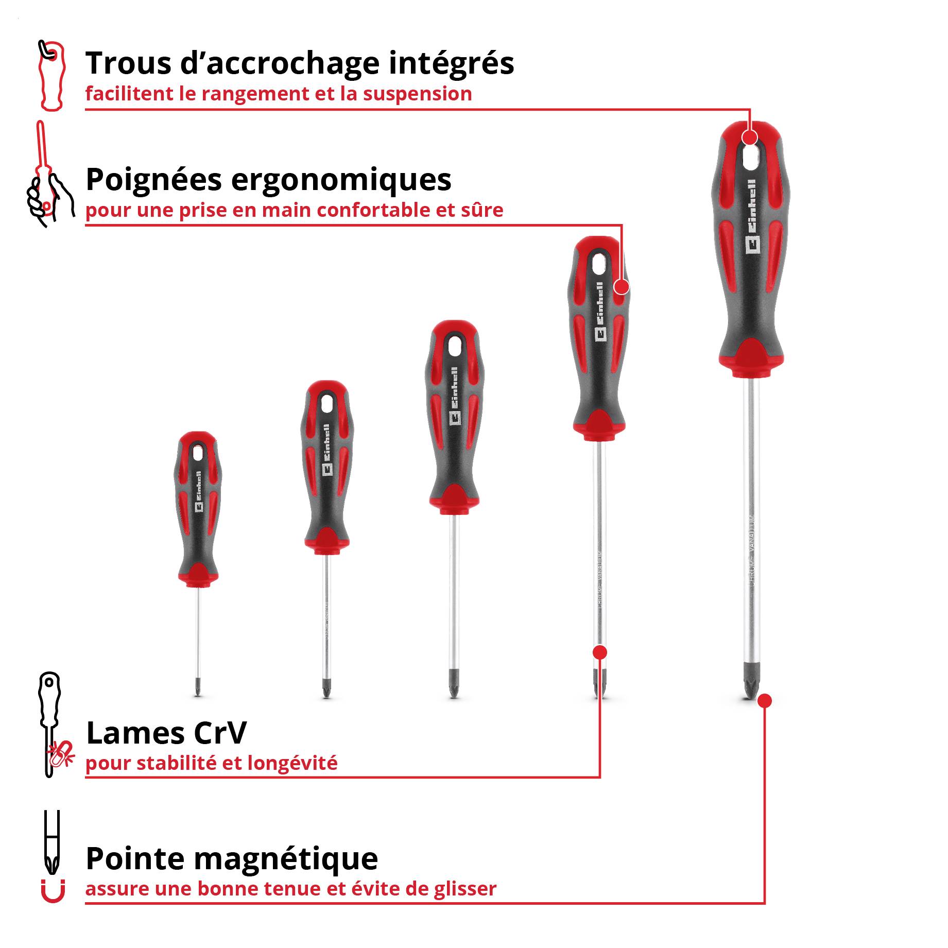 Infographie présentant cinq tournevis de différentes tailles : poignées intégrées perforées, poignées ergonomiques, lames en CrV et pointe magnétique ; met en évidence la prise sûre et le rangement.