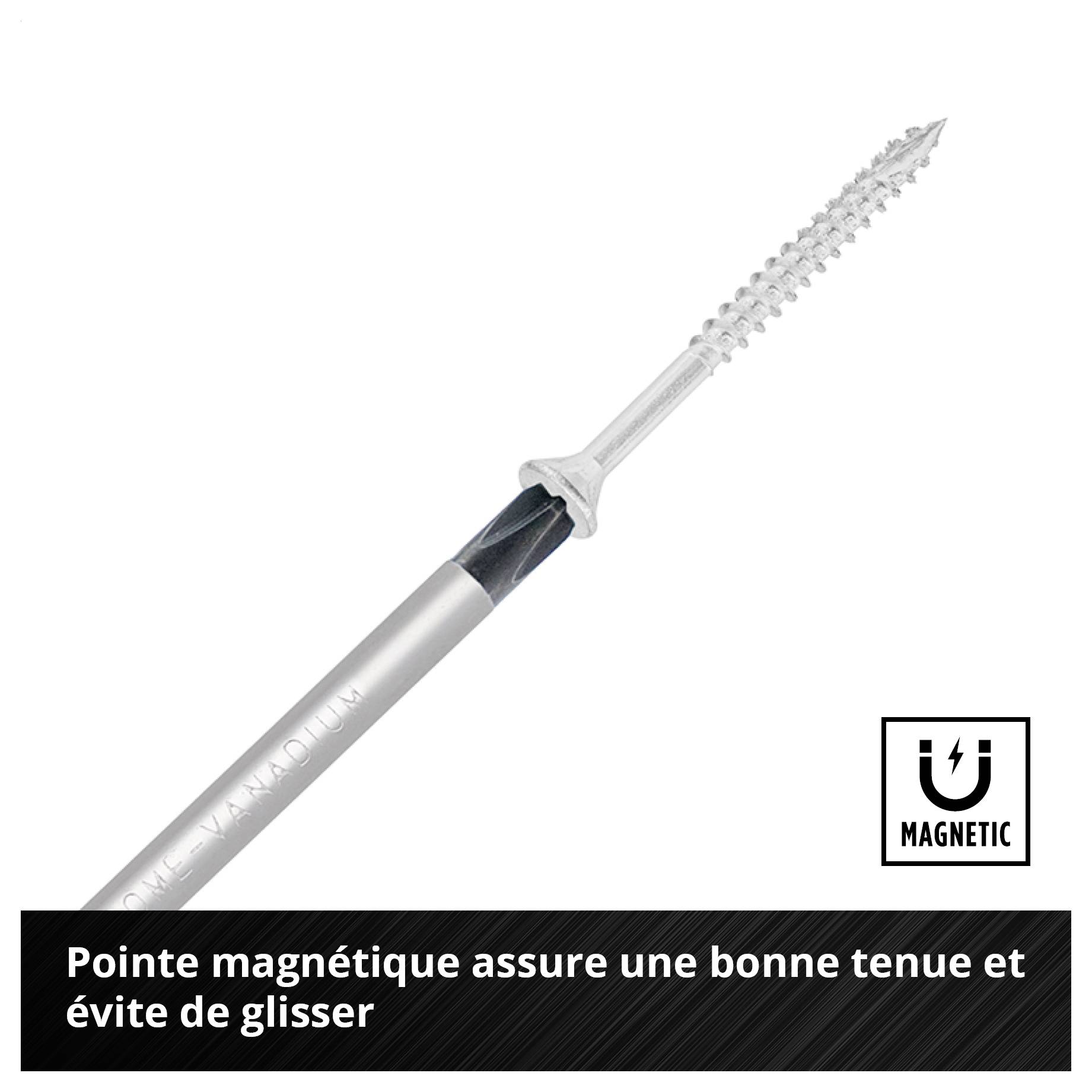 Image publicitaire d'un tournevis à pointe magnétique ; Texte : « La pointe magnétique assure une prise sûre et prévient le glissement ».