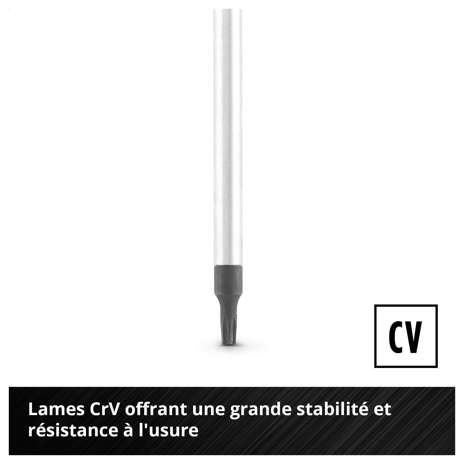 Sur l'image se trouve une lame CrV ; le texte souligne une grande stabilité et une longue résistance à l'usure.