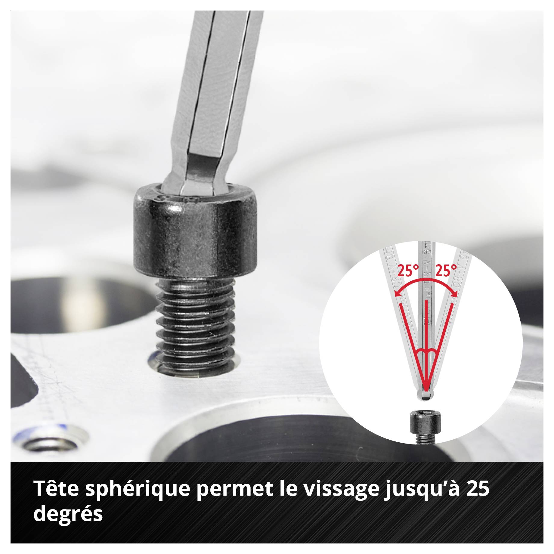 Gros plan d'une vis à tête sphérique ; un encadré montre que les travaux de vissage jusqu'à 25 degrés sont possibles.