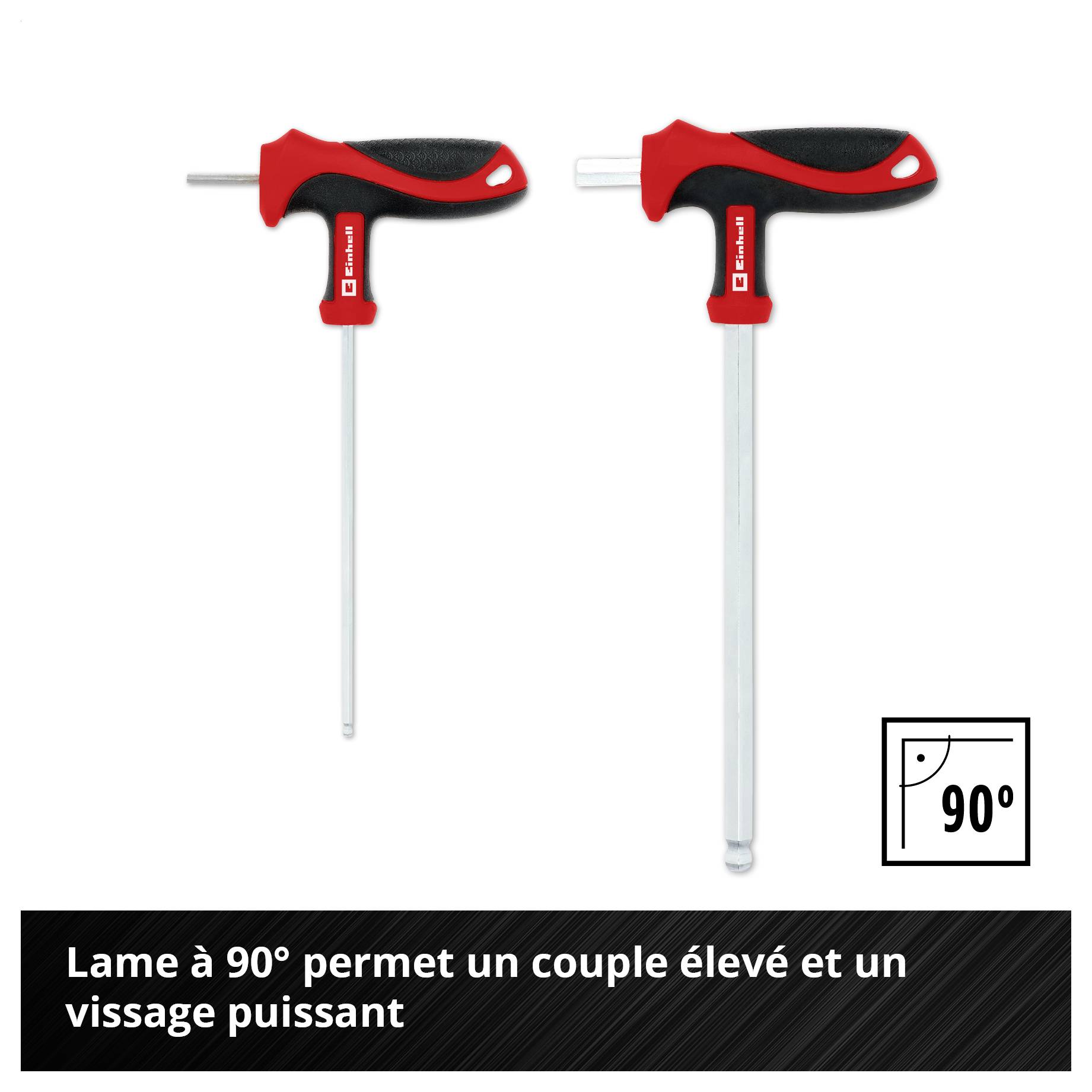 Deux clés Allen à poignée en T avec lame à 90° ; Remarque : « La lame à 90° permet des couples de serrage élevés et un vissage puissant ».