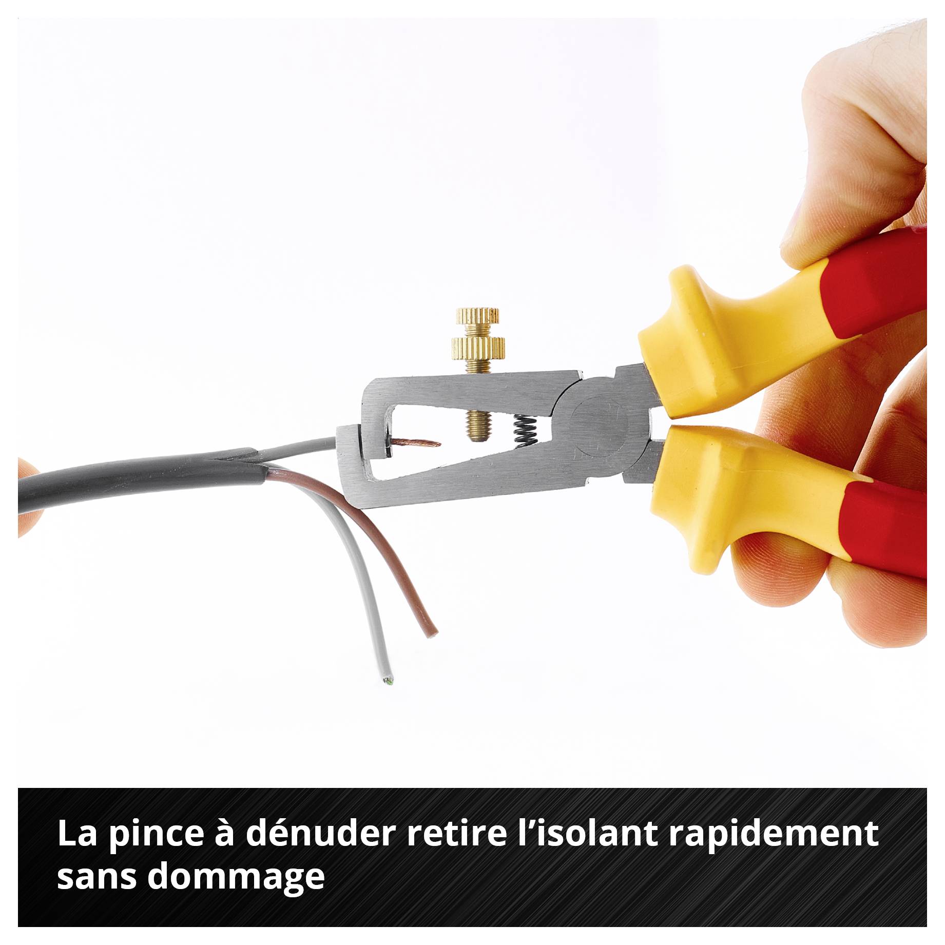 Pince à dénuder enlève l'isolation d'un câble ; à côté il est écrit : « Pince à dénuder enlève les isolations rapidement et sans dommages »