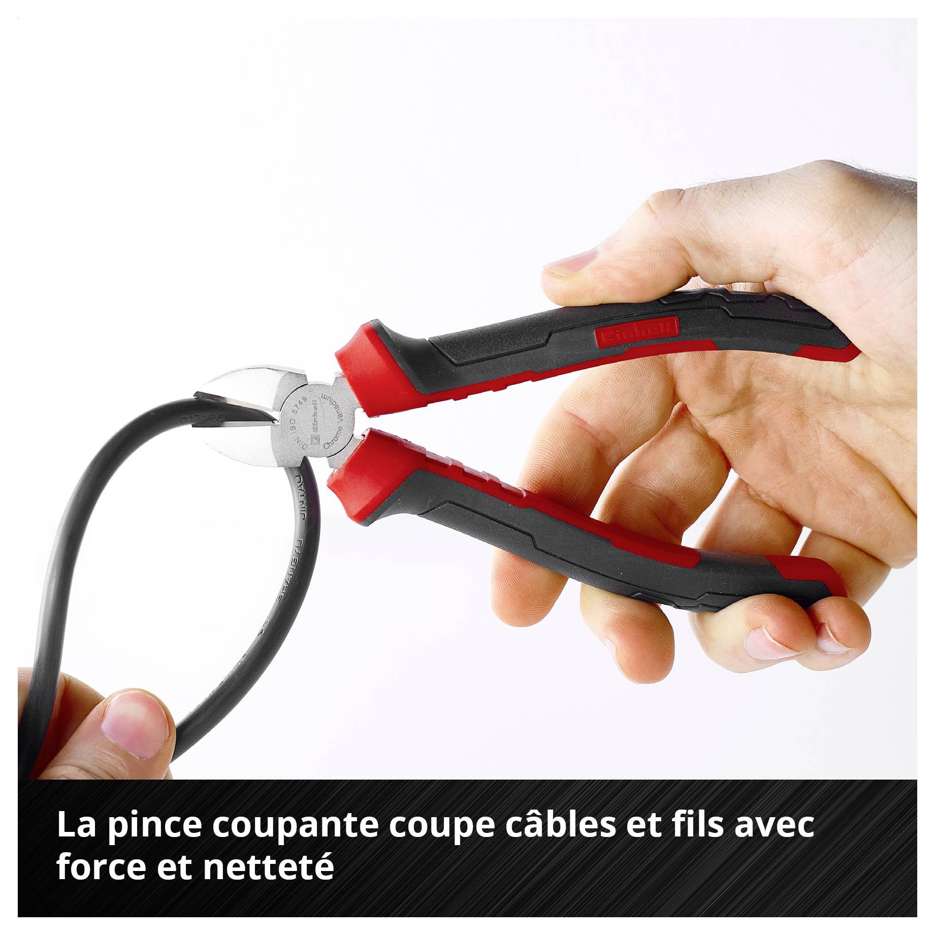 La main tient une pince coupante qui coupe un câble noir ; en bas est écrit « La pince coupante coupe les câbles et les fils puissamment et proprement ».