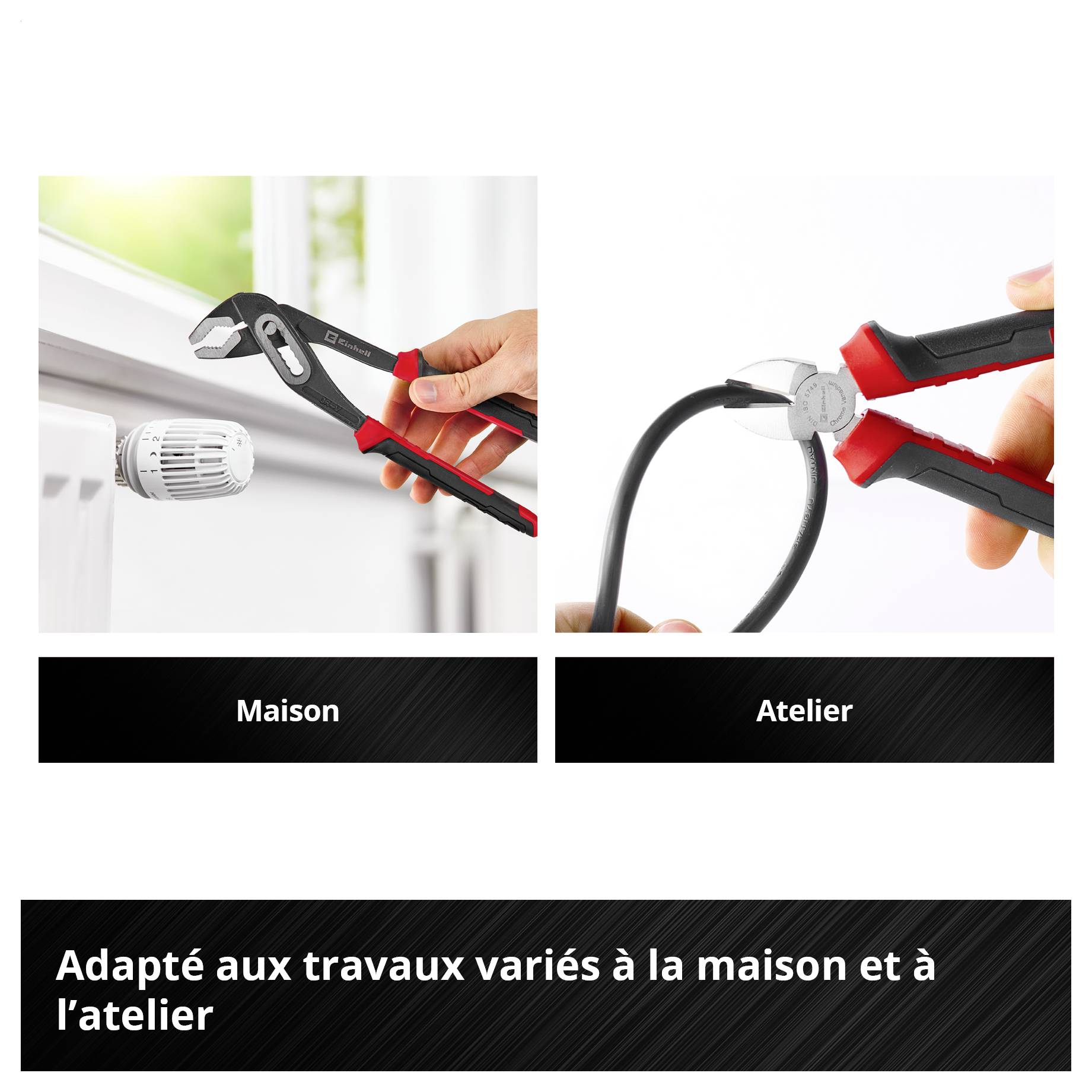 Image de comparaison avec une pince multiprise : à gauche dans le ménage au robinet de radiateur, à droite à l'atelier lors de la coupe d'un câble ; texte : « Convient pour les travaux polyvalents à la maison et à l'atelier »