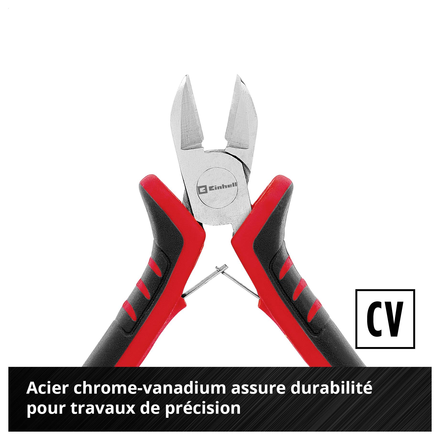 Coupe-latéral avec poignée rouge et noire ; Remarque : l'acier chrome-vanadium garantit la durabilité lors de travaux de précision.