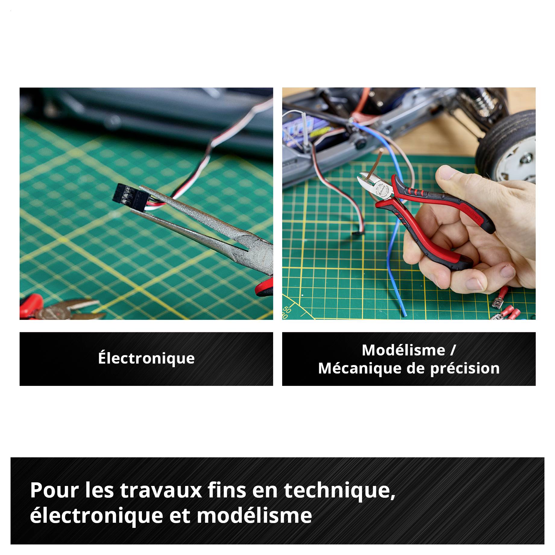 Image publicitaire pour les travaux de précision en technologie, électronique et modélisme : à gauche l'électronique avec une pince à épiler sur les câbles, à droite le modélisme/mécanique de précision avec une pince.