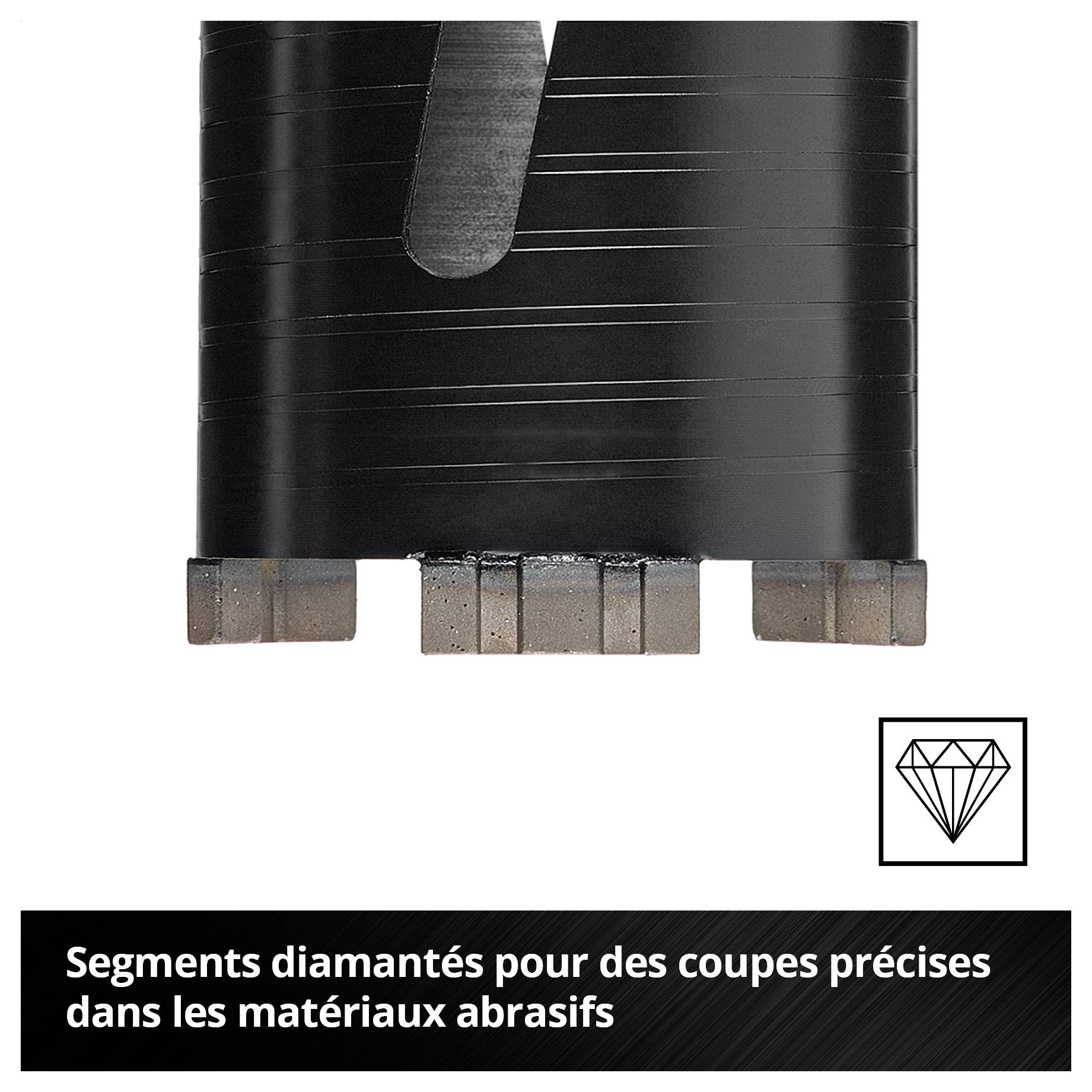 Forets à diamant avec segments ; Texte : « Segments de diamant pour des coupes précises dans les matériaux abrasifs ».