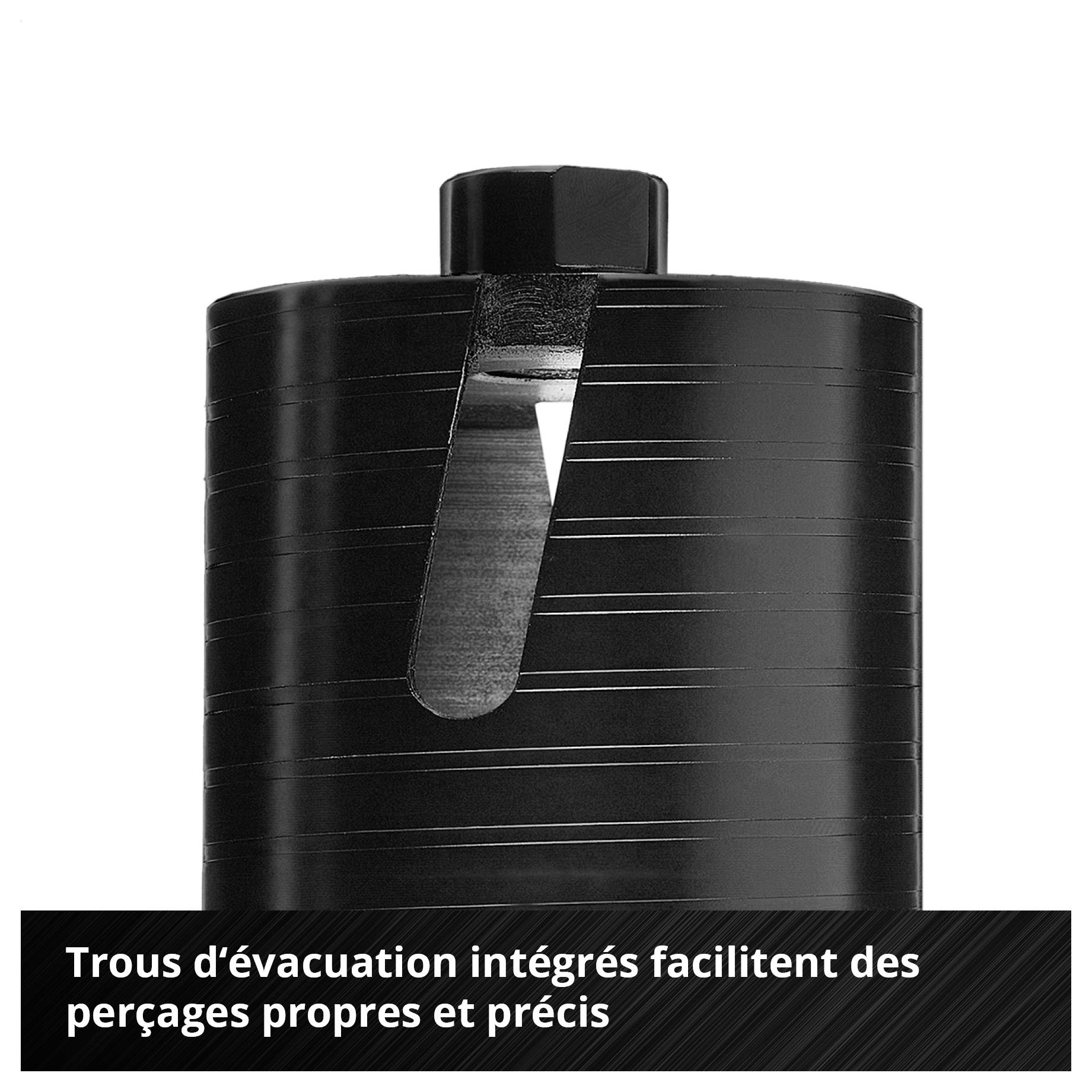 Conteneur de carottage noir avec trous d'évacuation intégrés ; Texte : « Les trous d'évacuation intégrés facilitent des forages propres et précis ».