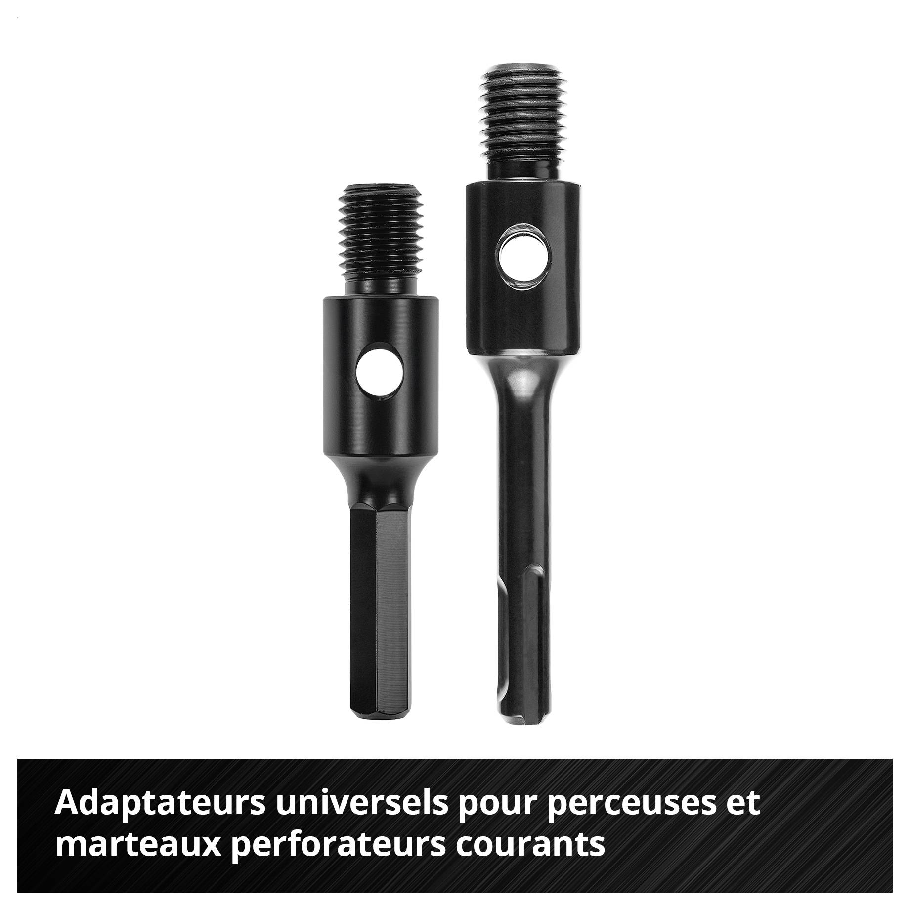 Deux adaptateurs noirs pour perceuses et perforateurs, avec filetage et ouverture latérale, sur fond blanc ; en bas du texte : « Adaptateurs universels adaptés aux perceuses et perforateurs courants »