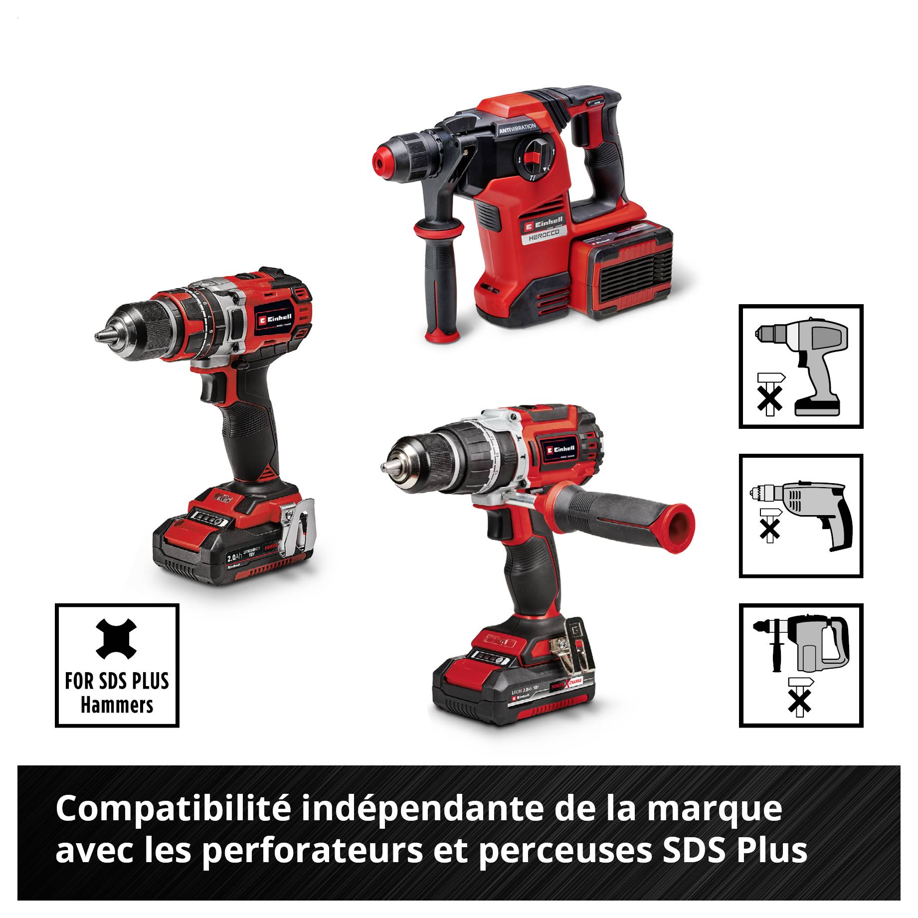 Graphique publicitaire avec trois perceuses-visseuses à batterie rouges et pictogrammes ; texte : « Compatible avec tous les perceuses-visseuses SDS Plus disponibles sur le marché, indépendamment de la marque ».