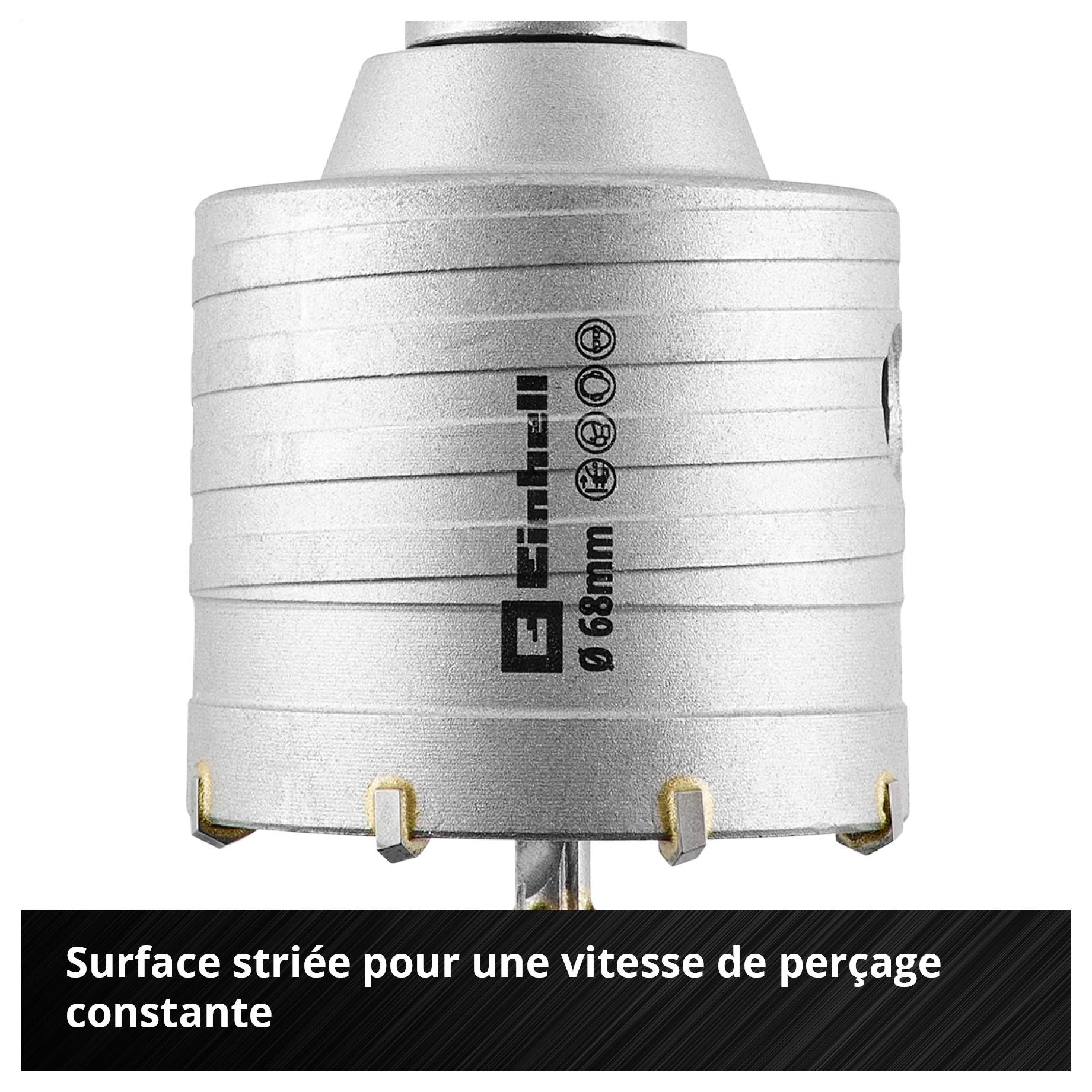 Foret-scie Grauer 68 mm avec surface extérieure rainurée; le texte indique: «La surface extérieure rainurée assure un avancement constant et élevé du forage».
