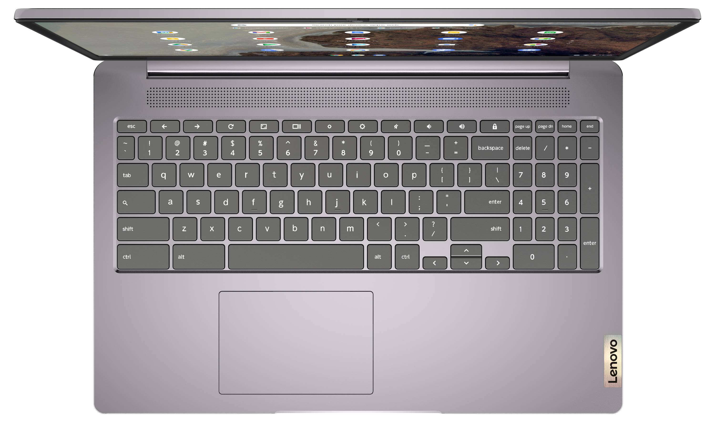 Vue de dessus d'un ordinateur portable ouvert avec un clavier gris, un pavé tactile et la charnière d'écran visible, affichant un bureau avec des icônes d'applications.