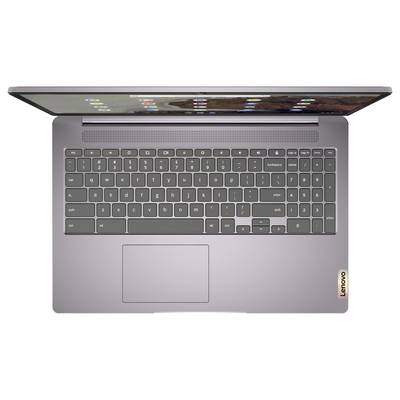 Vue de dessus d'un ordinateur portable ouvert avec un clavier gris, un pavé tactile et la charnière d'écran visible, affichant un bureau avec des icônes d'applications.