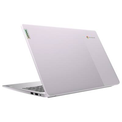 Un Chromebook Lenovo blanc avec un couvercle partiellement ouvert, mettant en avant un design épuré. Le logo Chromebook est visible dans le coin supérieur droit.
