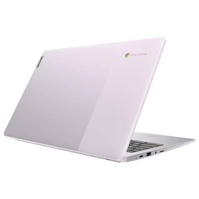 Un élégant ordinateur portable Chromebook de couleur claire, vu de l'arrière, affichant le logo Chromebook sur le couvercle, légèrement incliné vers la droite.