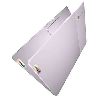 Un élégant ordinateur portable Lenovo Chromebook couleur argent présenté partiellement fermé sous un angle de vue de dessus, présentant le logo Google Chrome sur le clavier.