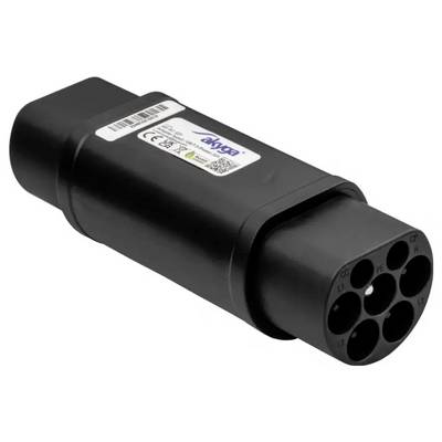 Adaptateur de recharge pour véhicule électrique avec plusieurs prises rondes, noir, portant l'étiquette « Akyga ». Conçu pour connecter les chargeurs de type 2 aux véhicules compatibles.