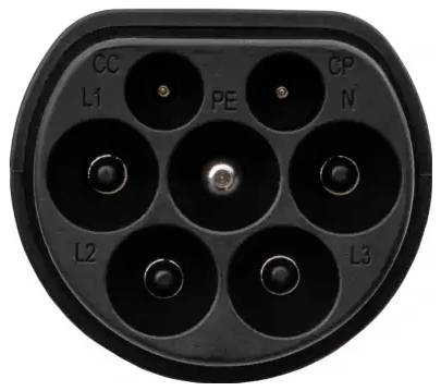 Prise de chargeur EV de type 2 avec sept broches circulaires étiquetées CC, CP, L1, L2, L3, PE, N. Boîtier noir, utilisé pour recharger les véhicules électriques.