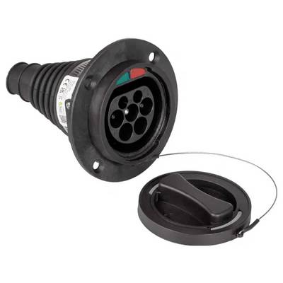 'Prise de recharge pour véhicule électrique avec couvercle attaché, dotée de multiples points de connexion. Boîtier noir avec indicateurs de couleur pour la visibilité du statut.'