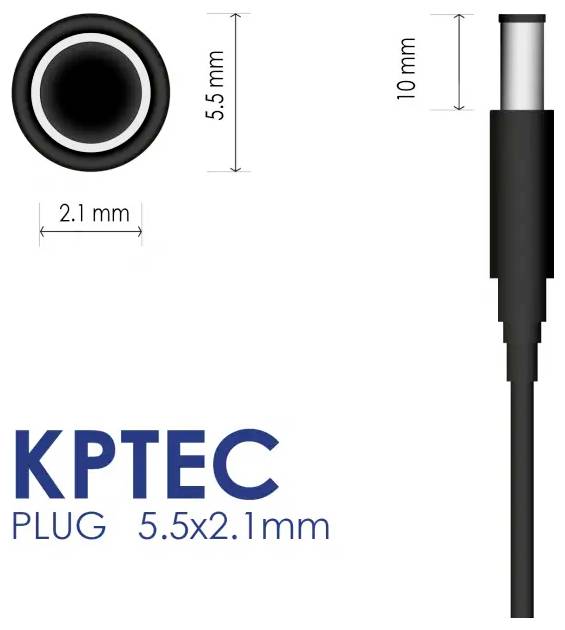 Connecteur d'alimentation « KPTEC PLUG 5.5x2.1mm » avec dimensions : diamètre extérieur 5,5 mm, diamètre intérieur 2,1 mm, longueur 10 mm, câble noir.