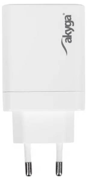 Chargeur mural USB Akyga blanc, prise européenne, port USB unique, design compact.