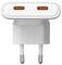 Un chargeur mural USB double port avec deux prises USB-C orange, conçu pour une charge efficace, présentant un boîtier blanc élégant et une prise européenne.