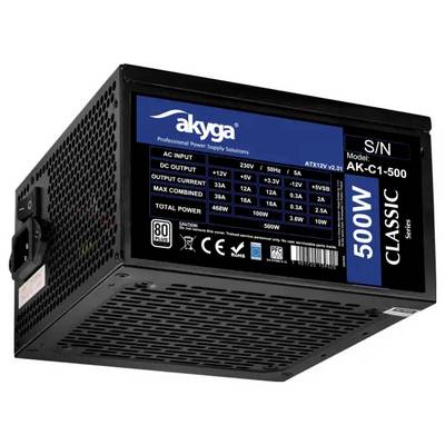 Bloc d'alimentation ATX 500W, Akyga AK-C1-500, Série Classic. Les caractéristiques incluent la certification 80 Plus, plusieurs connecteurs et les spécifications de tension.
