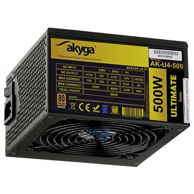 Unité d'alimentation 'Akyga 500W Ultimate', dotée d'une entrée CA de 230V, d'une sortie de 50Hz, d'un courant maximal de 15A, et d'une certification 80 Plus Bronze.