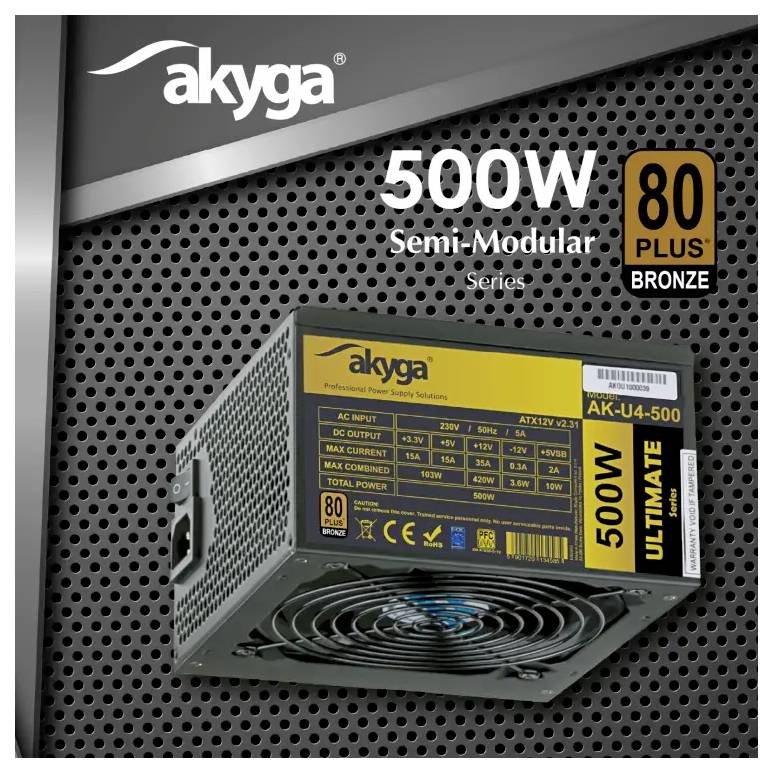 Unité d'alimentation 'akyga 500W Semi-Modulaire Série 80 PLUS BRONZE', modèle AK-U4-500, avec diverses spécifications de sortie énumérées.