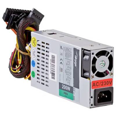 Une unité d'alimentation électrique pour ordinateur avec des câbles de plusieurs couleurs, étiquetée « CA/230V », « 200W », et diverses étiquettes de certification sur le boîtier.