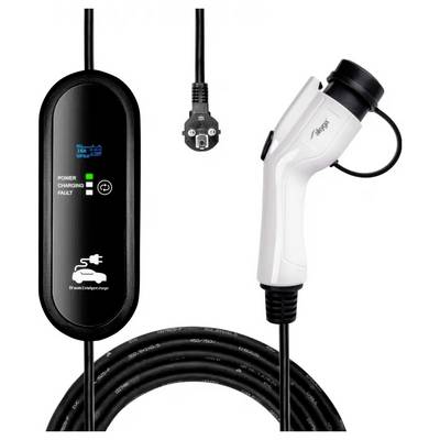 Câble de recharge pour véhicules électriques avec boîtier de contrôle ; les caractéristiques comprennent des indicateurs d'alimentation, de recharge et de défaut ; connecteur compatible illustré.