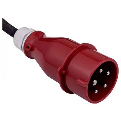 Une image rapprochée d'une fiche électrique rouge avec quatre broches métalliques, utilisée pour les connexions d'équipements lourds ou industriels.