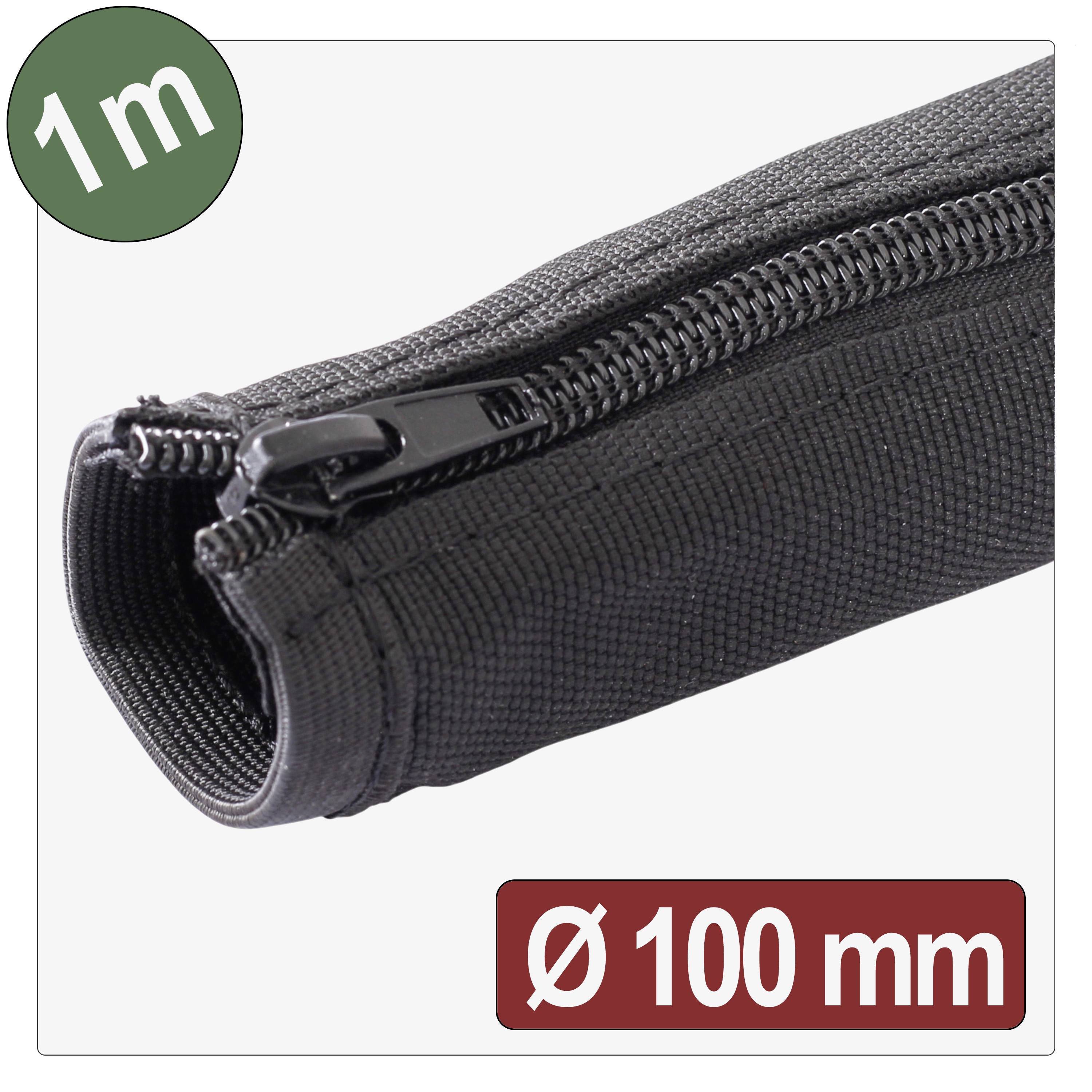 Un tube de tissu noir avec une fermeture éclair, d'1 mètre de long et de 100 mm de diamètre, est présenté. Un cercle vert contient « 1m » et une boîte rouge affiche « Ø 100 mm ».