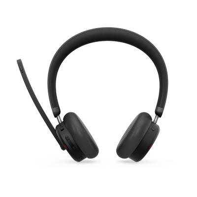 Un casque sans fil supra-auriculaire noir avec un microphone à perche est présenté sur un fond blanc, mettant en avant son design épuré.