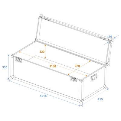 Coffre de rangement ouvert, dimensions en millimètres : 1215 longueur, 415 largeur, 335 hauteur. Dimensions intérieures : 1180 longueur, 370 largeur, 320 hauteur.
