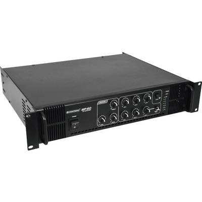 Un amplificateur audio noir avec plusieurs boutons de contrôle et des indicateurs sur le panneau avant.