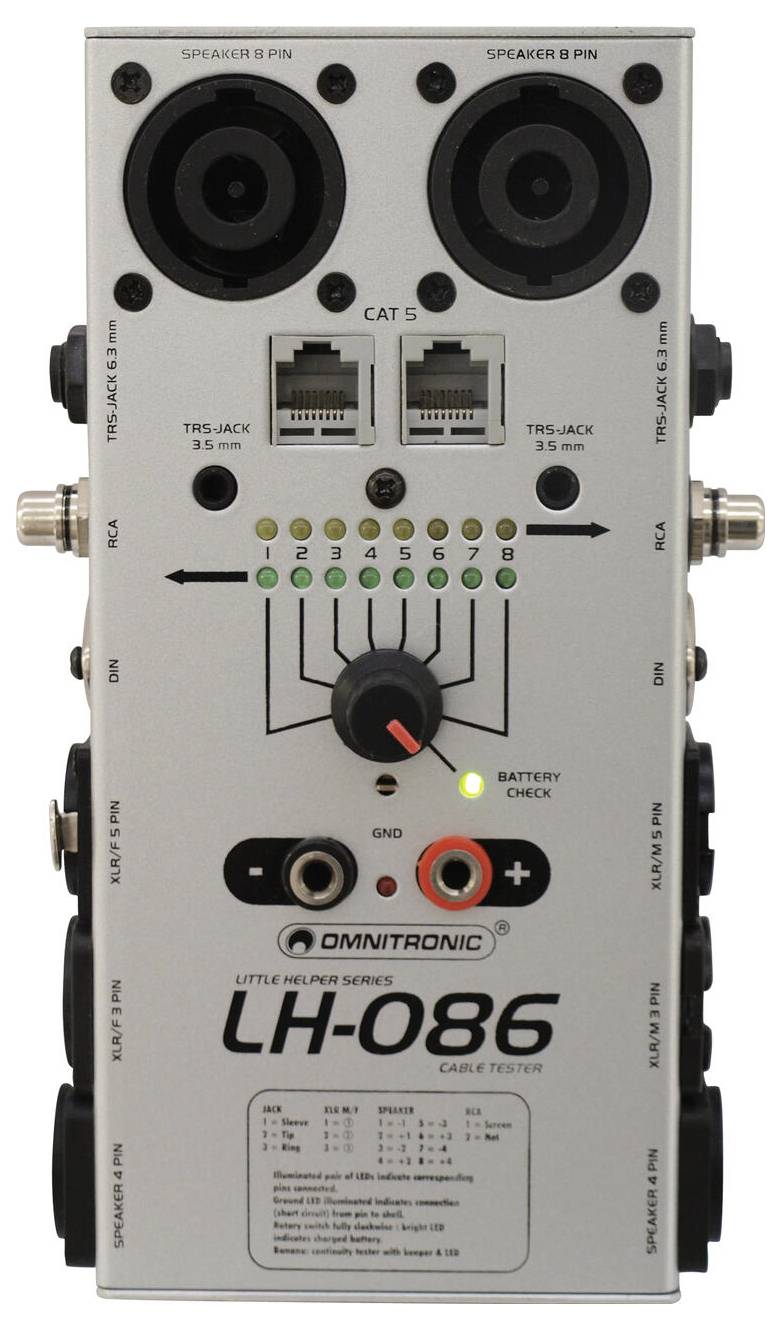 Testeur de câbles « Omnitronic LH-086 » avec différents ports et indicateurs, notamment des broches de haut-parleur, des connecteurs TRS et des connexions Cat 5.