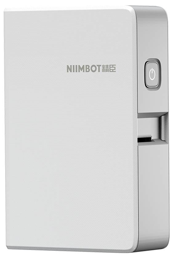 Imprimante d'étiquettes NIIMBOT blanche compacte avec bouton d'alimentation et fente de sortie avant
