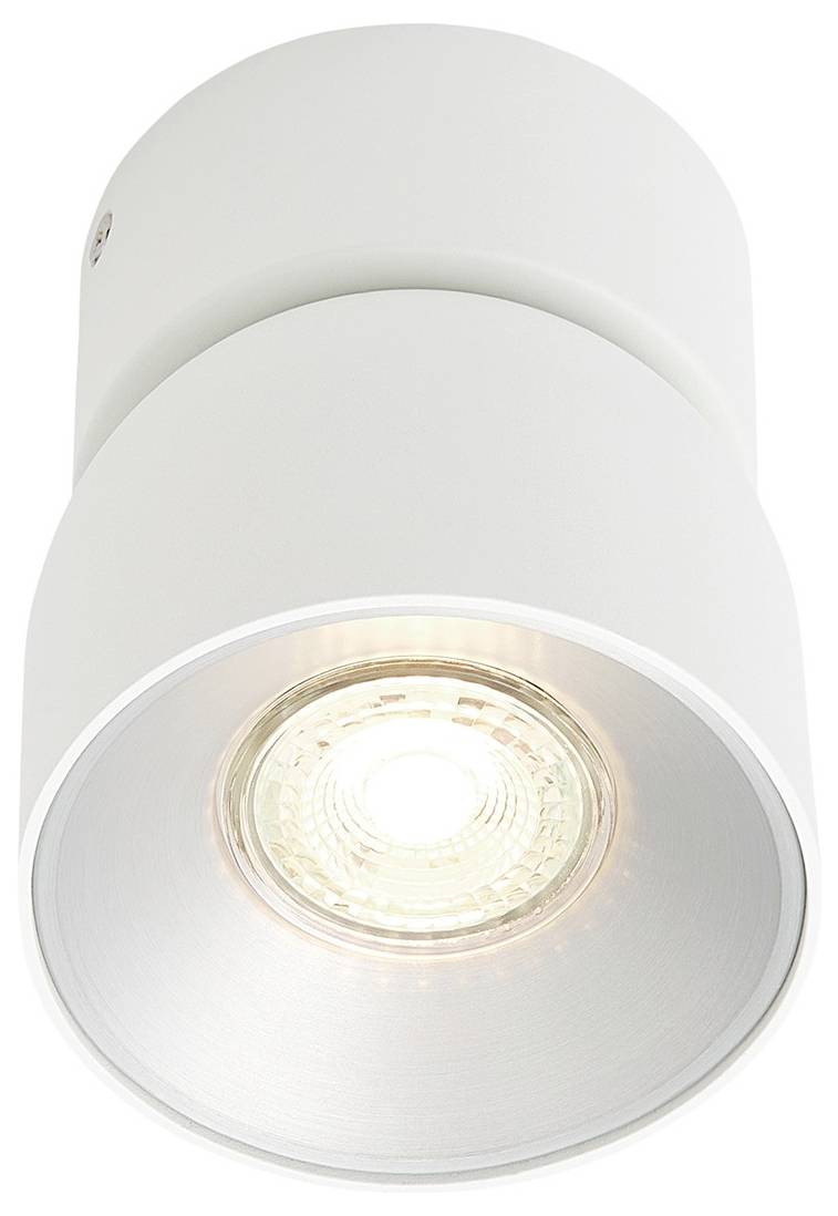 Luminaire de plafond cylindrique blanc avec ampoule LED visible, conçu pour un éclairage directionnel dans les intérieurs modernes.