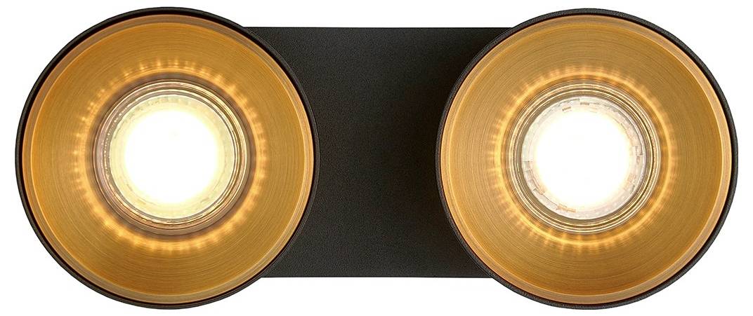 Deux lumières de plafond rondes avec des centres blanc brillant et des anneaux ambre lumineux, montés sur une base rectangulaire sombre, vus de dessous.